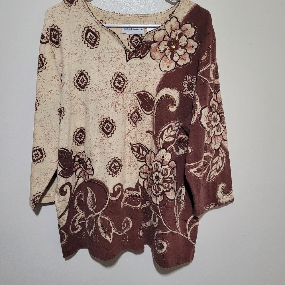 Alfred Dunner Floral Patterned Brown and Cream Top Large